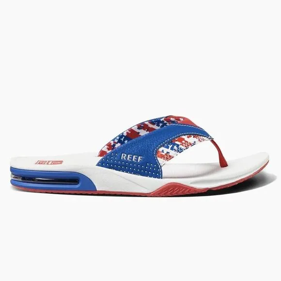 Reef Fanning Flip Flops Mens 9 Patriotic Red White Blue USA Bottle Opener Sandal